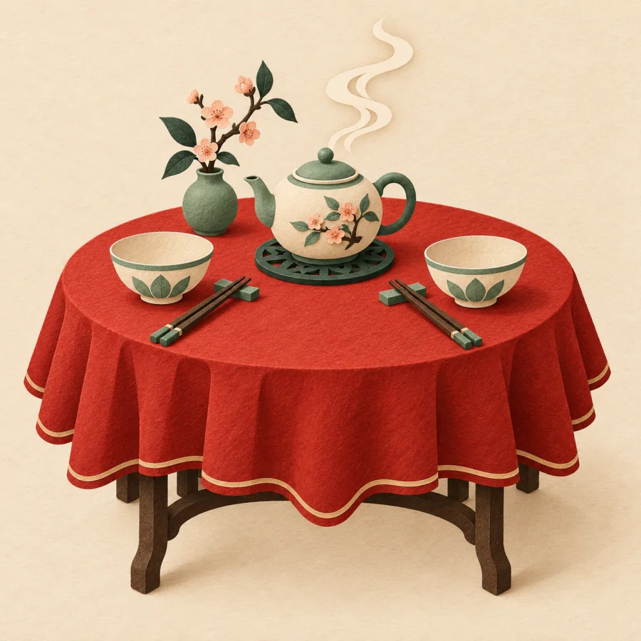 A set table with bowls, chopsticks and a steaming teapot
