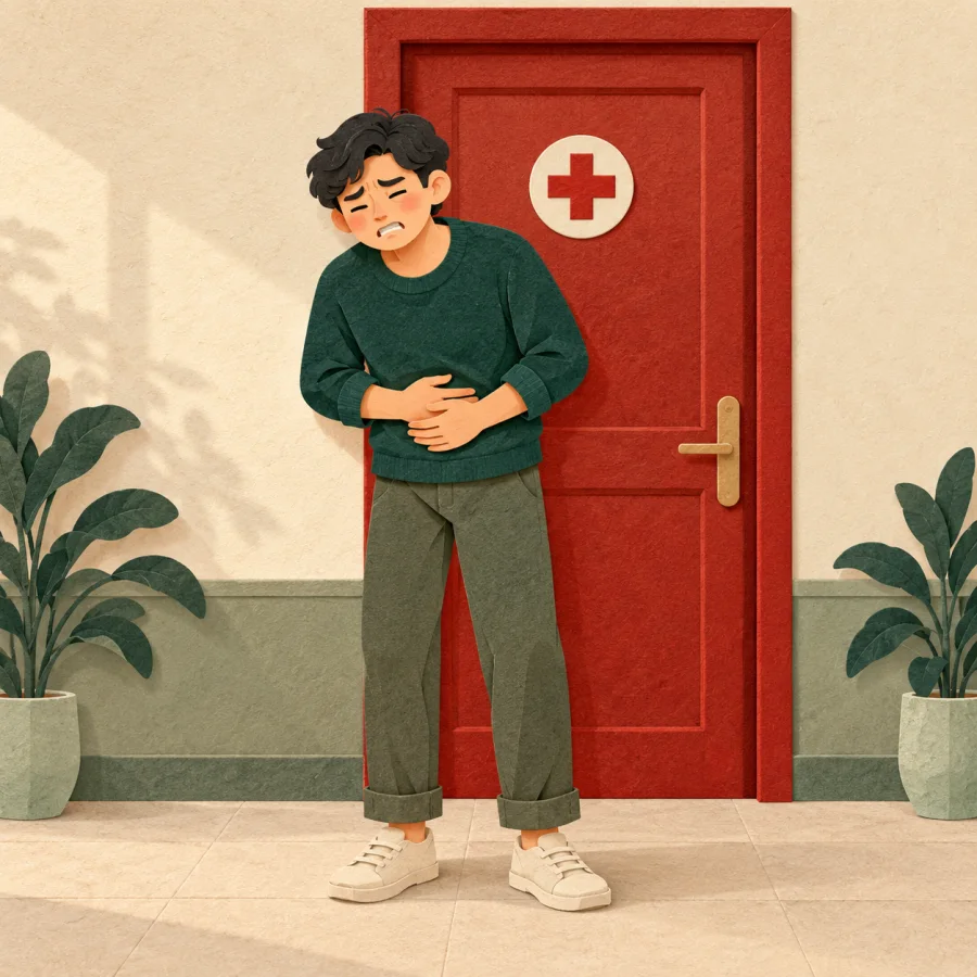 A person holding their stomach at a doctor's red door