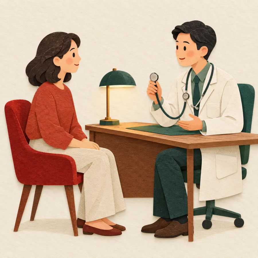 A patient sits across from a doctor holding a stethoscope