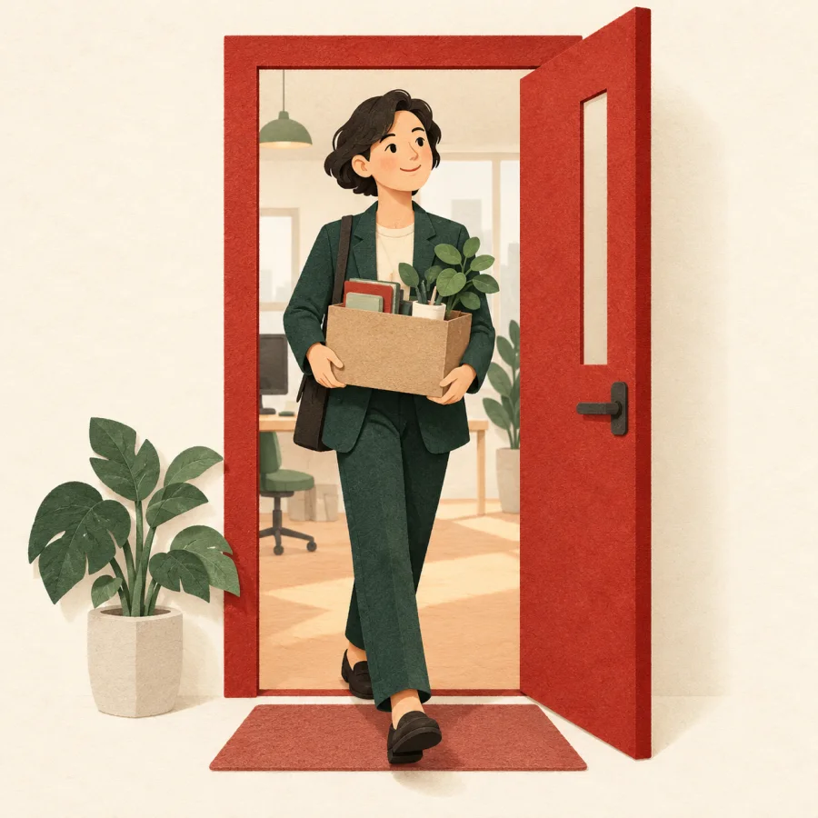 A person with a box and a plant enters a red office door