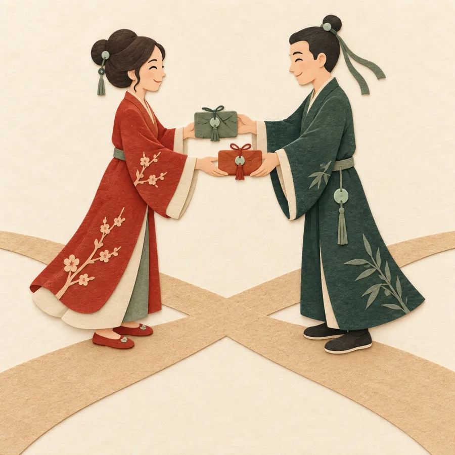 คนสองคนกำลังส่งของให้กัน