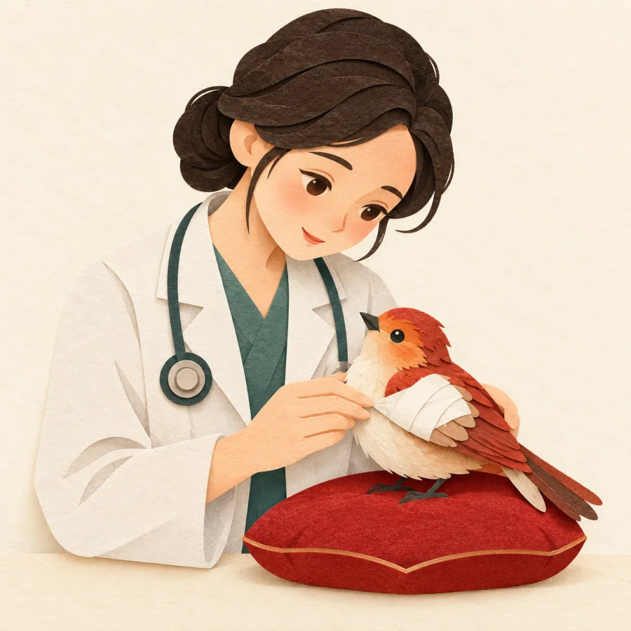 A doctor bandages an injured bird's wing on a table