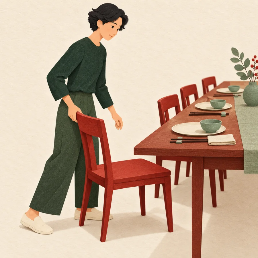 A person pulls out a chair to sit at a long table