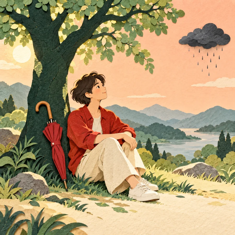 A person rests under a tree, glancing at a distant dark cloud