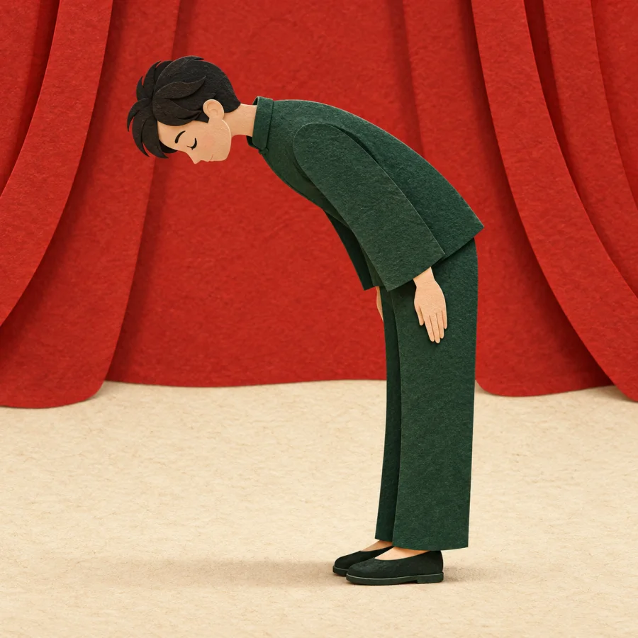 A person bows deeply in front of a red curtain