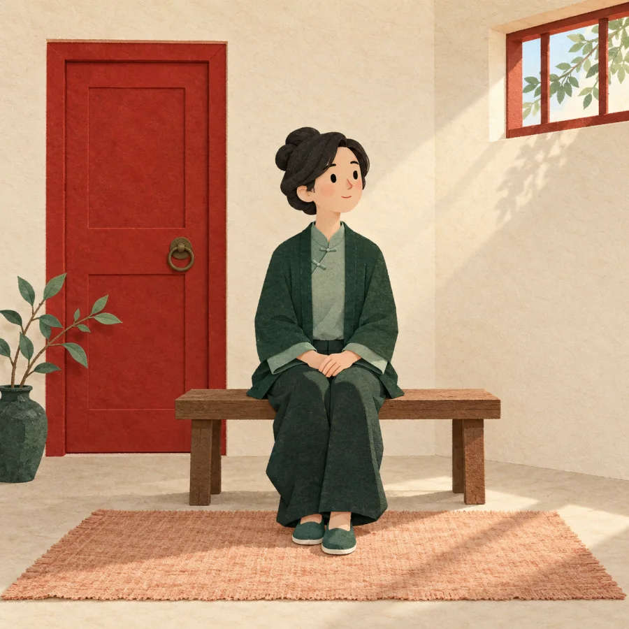 A person sits quietly on a bench in a small plain room