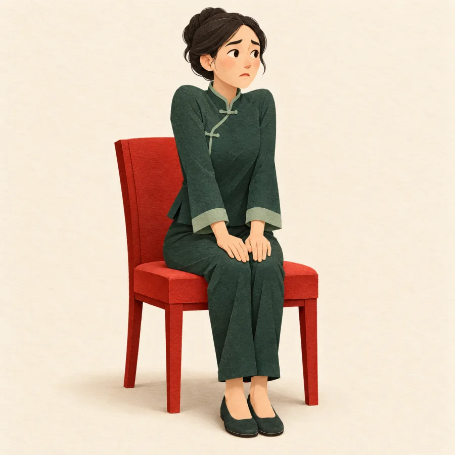 A person sits stiffly on the edge of a chair, hands on knees