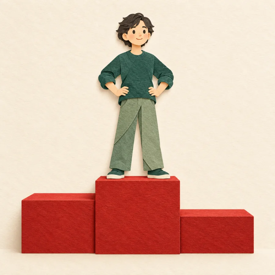 A person stands on the highest step of a three-step podium