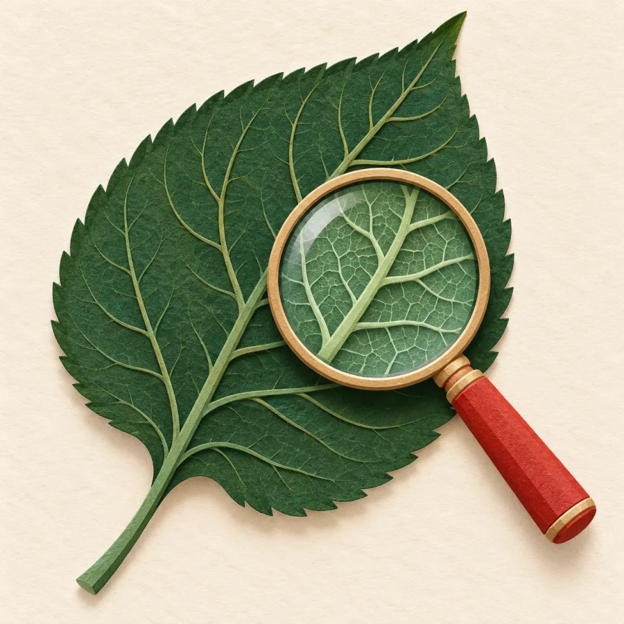 A magnifying glass over one part of a large leaf shows detail