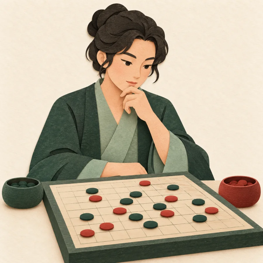 A person with a hand on chin studies a board game in play
