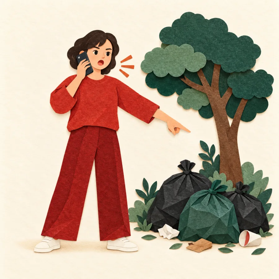 A person on the phone points at dumped trash bags