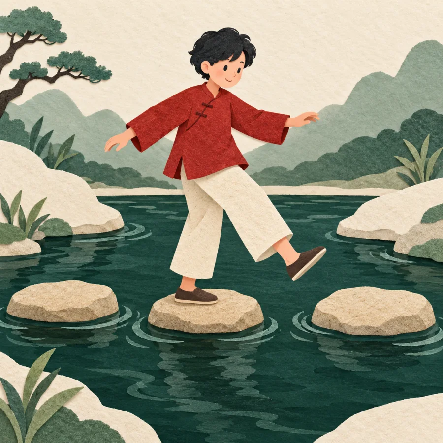 A person crosses a stream on three stepping stones