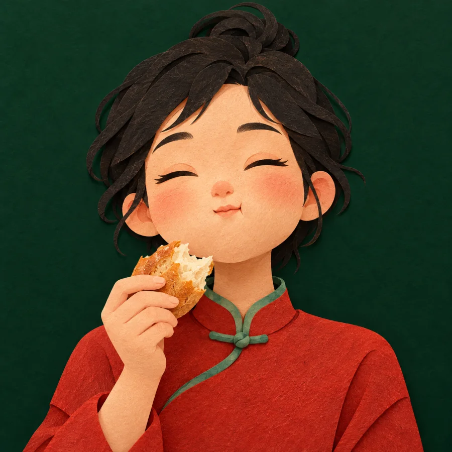 A person with closed eyes slowly chews a piece of bread