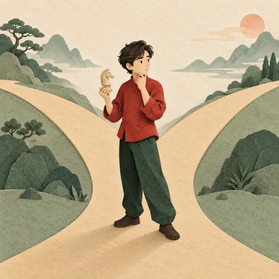 A person at a fork in the path hesitates with a game piece in hand