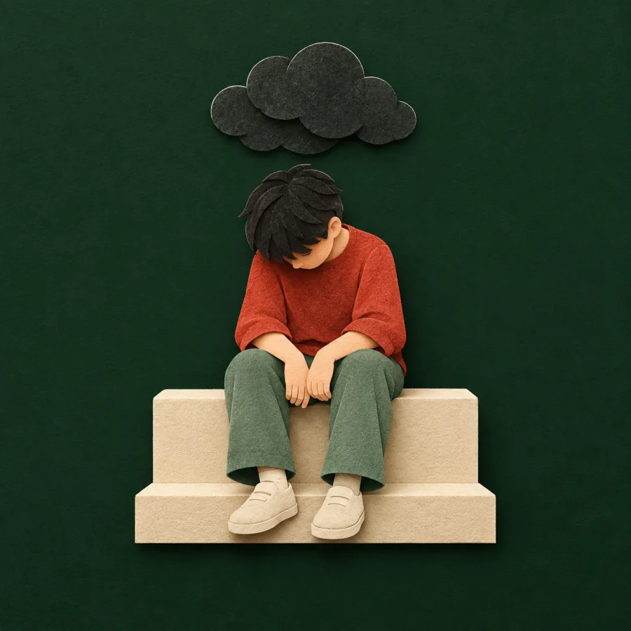 A person sits on a step with head down, a small cloud above