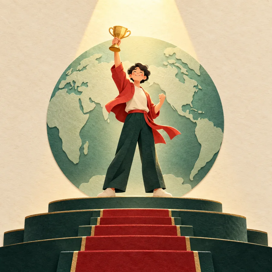 A person holds a trophy on a high stage under a spotlight