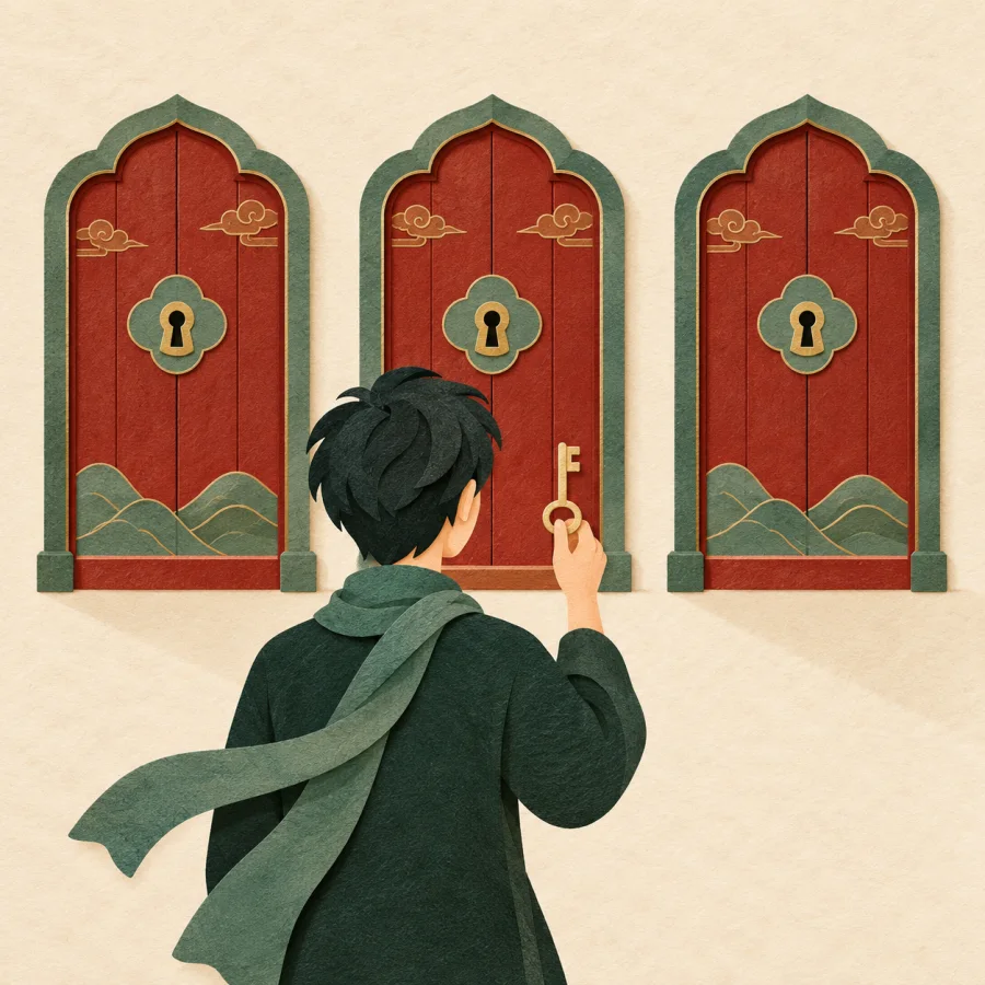 A person with one key faces three similar locked doors