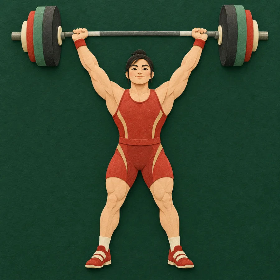 A weightlifter in a red singlet holds a heavy barbell overhead