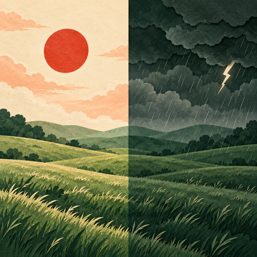 A scene split in two: a sunny meadow and the same meadow in a storm