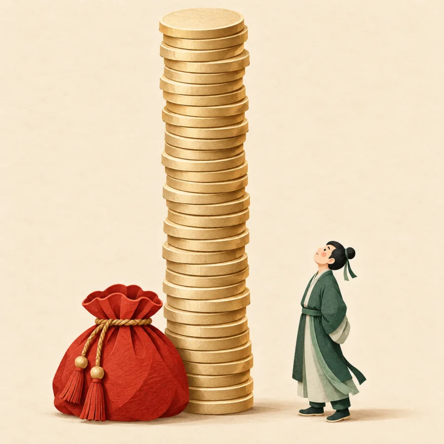 A person looks up at a huge tower of coins