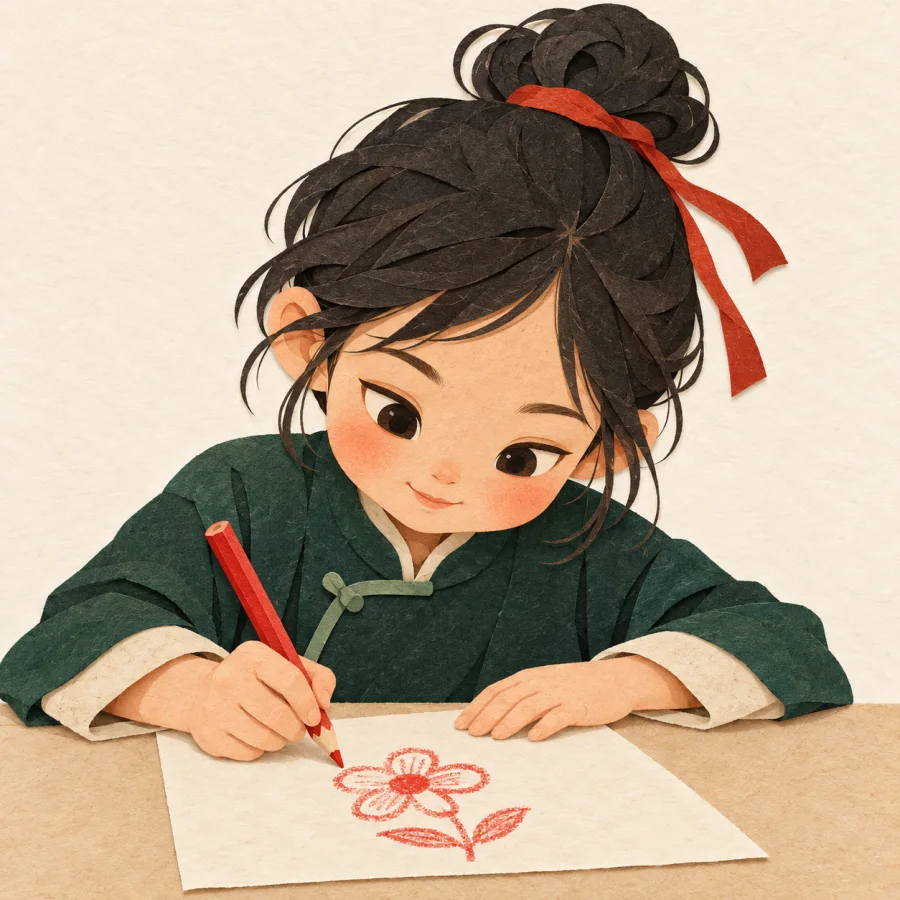 A child leans forward with eyes fixed on a drawing