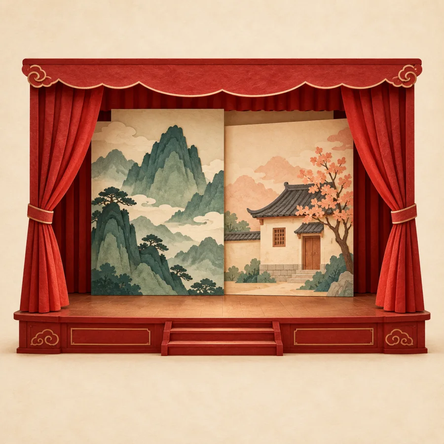 An empty stage with red curtains and two painted backdrops