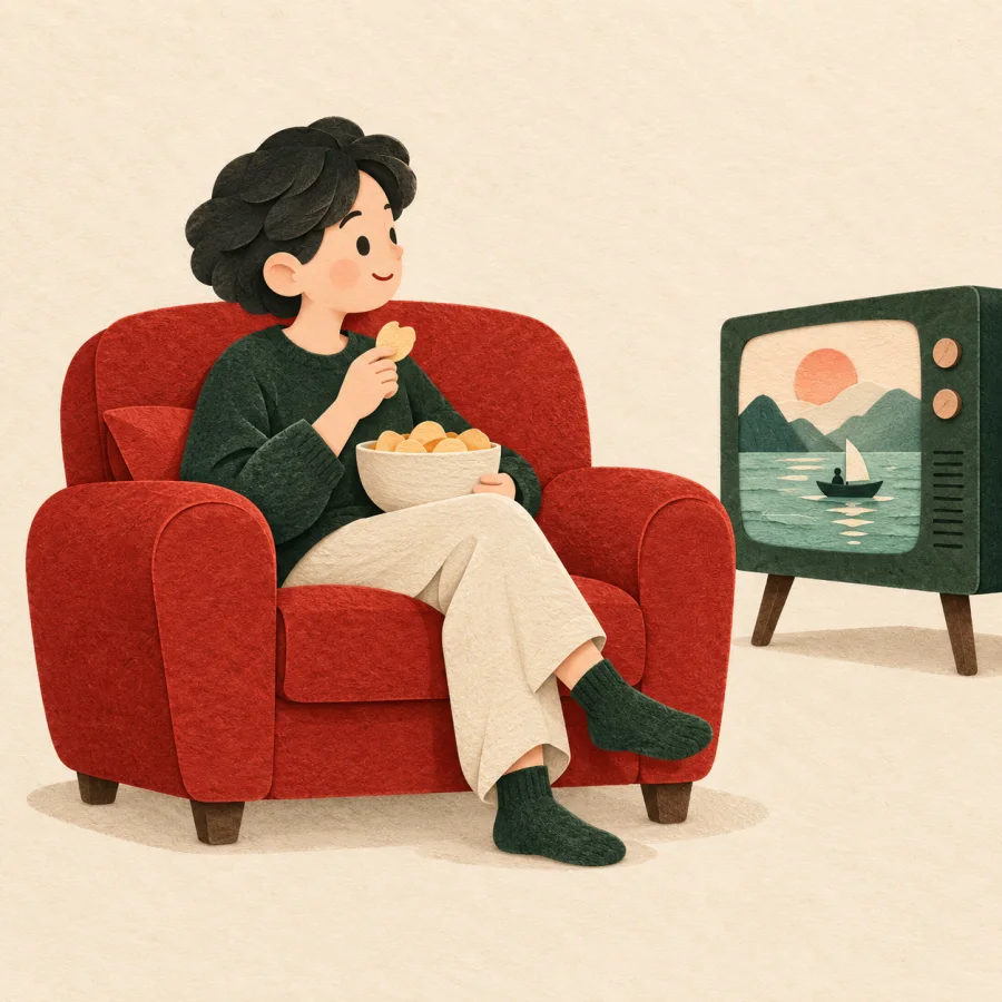 A person on a red sofa watches television with a snack bowl