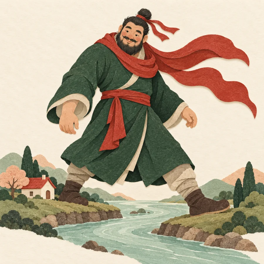 A friendly giant steps over a river beside a tiny house