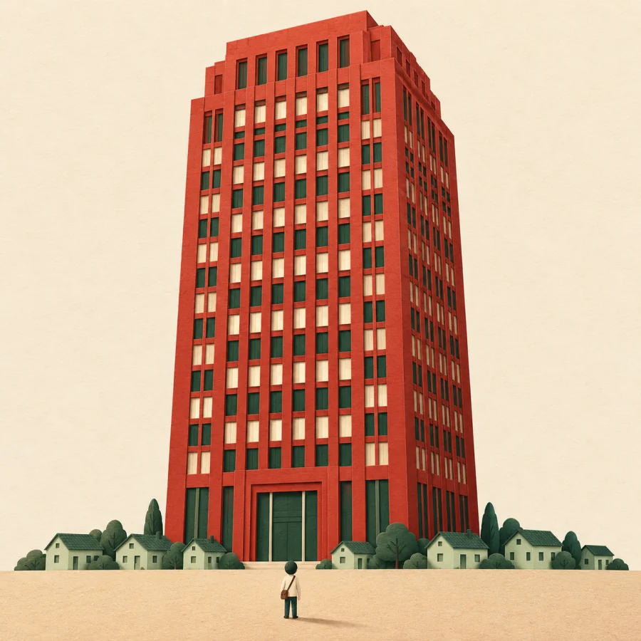 A huge red tower looms over tiny green houses