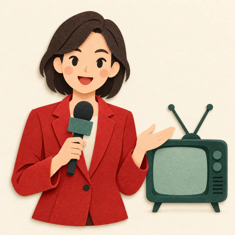 A reporter with a microphone beside a small television
