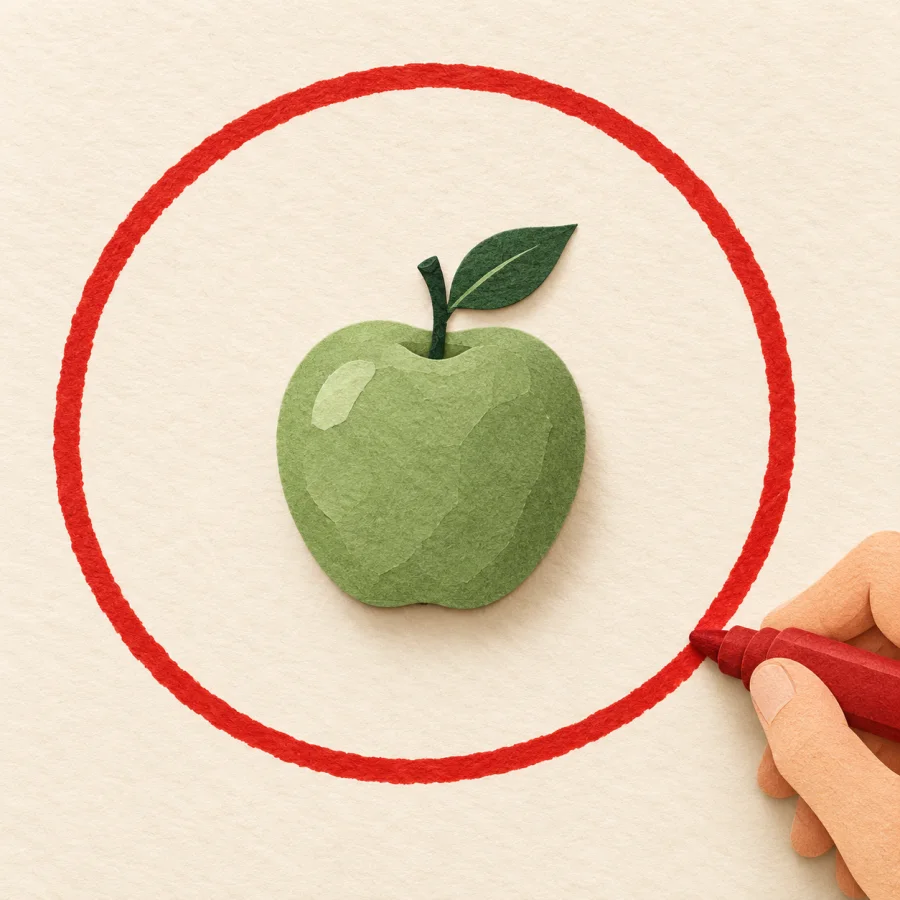 A person circles a green apple on a sheet of paper