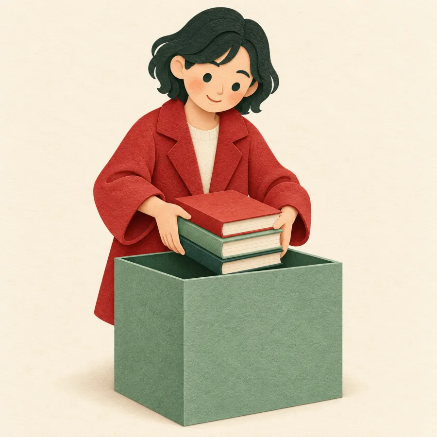 A person drops a stack of books into a large donation box