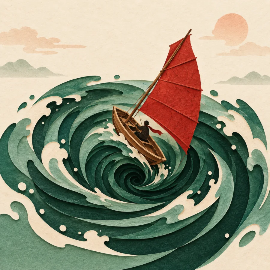 A small boat is pulled into a green whirlpool