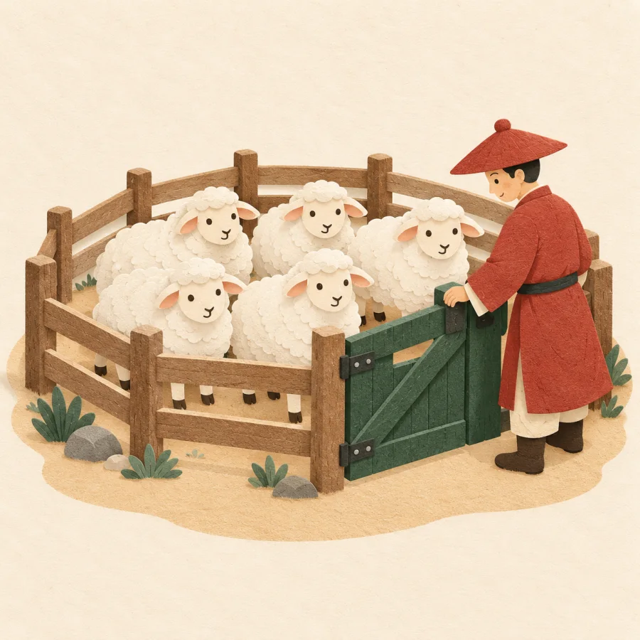 White sheep in a wooden pen as a shepherd closes the gate