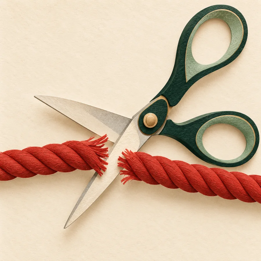 Scissors cut a thick red rope in two