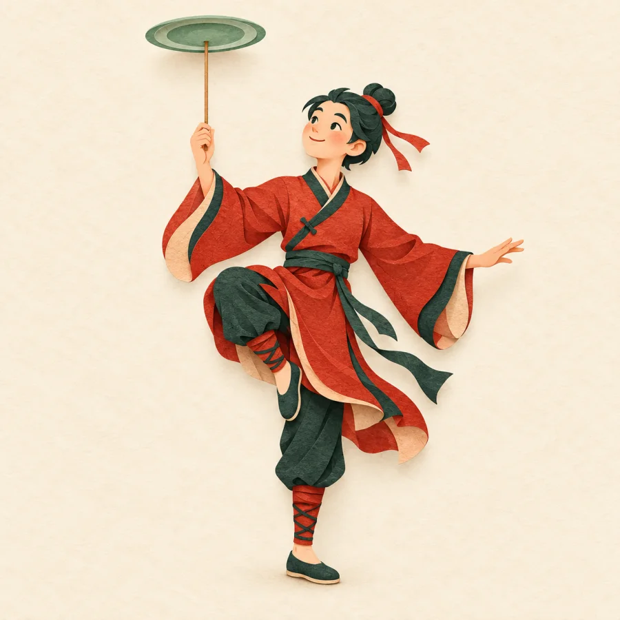 A performer balances on one leg while spinning a plate