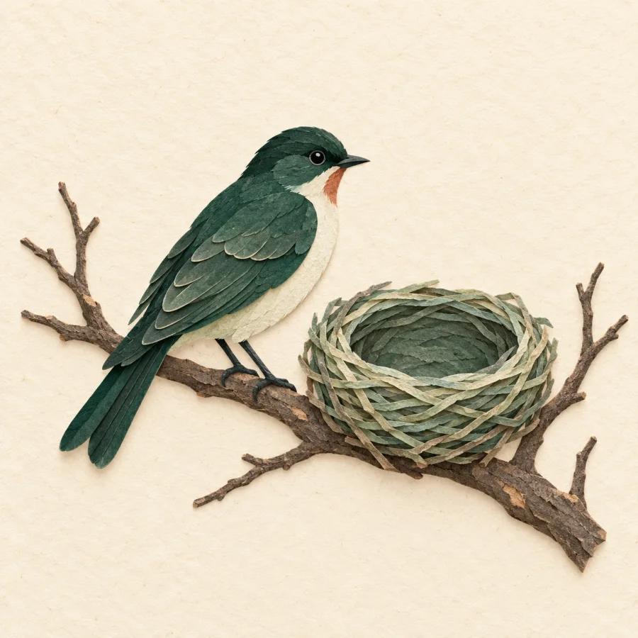 A lone bird on a bare branch beside an empty nest