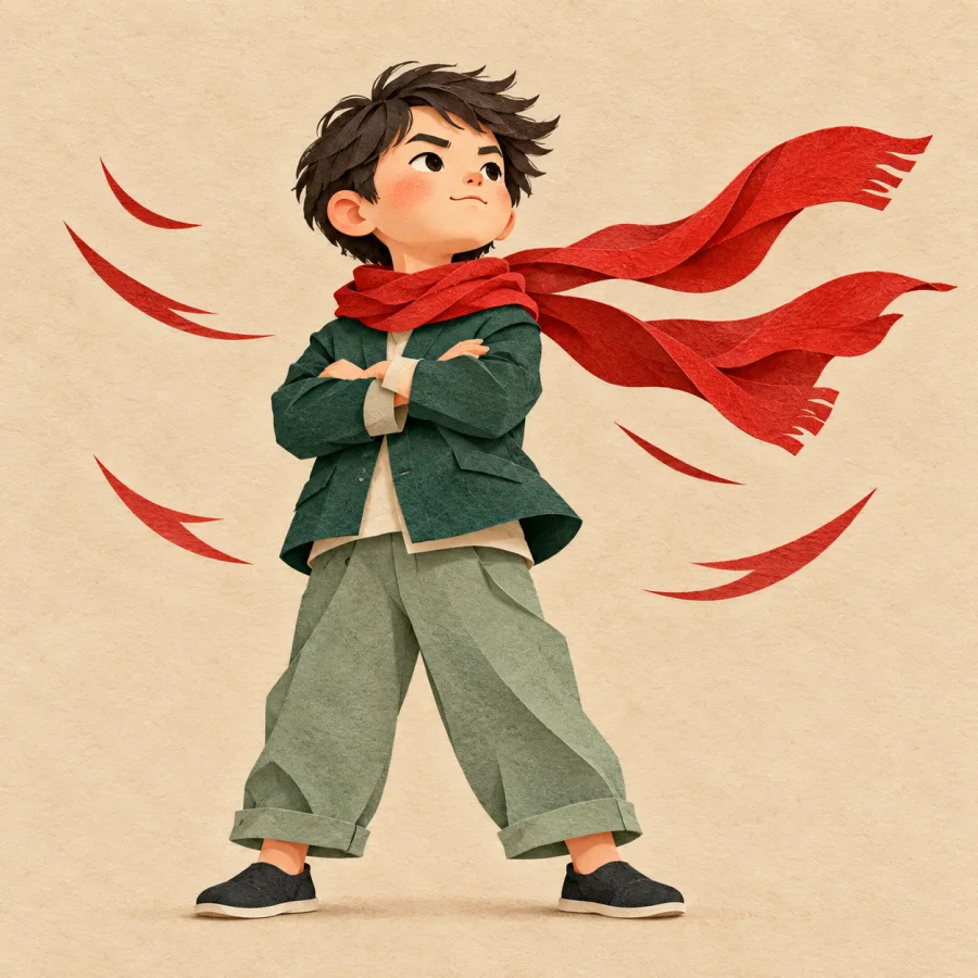 A child with crossed arms stands firm against strong wind