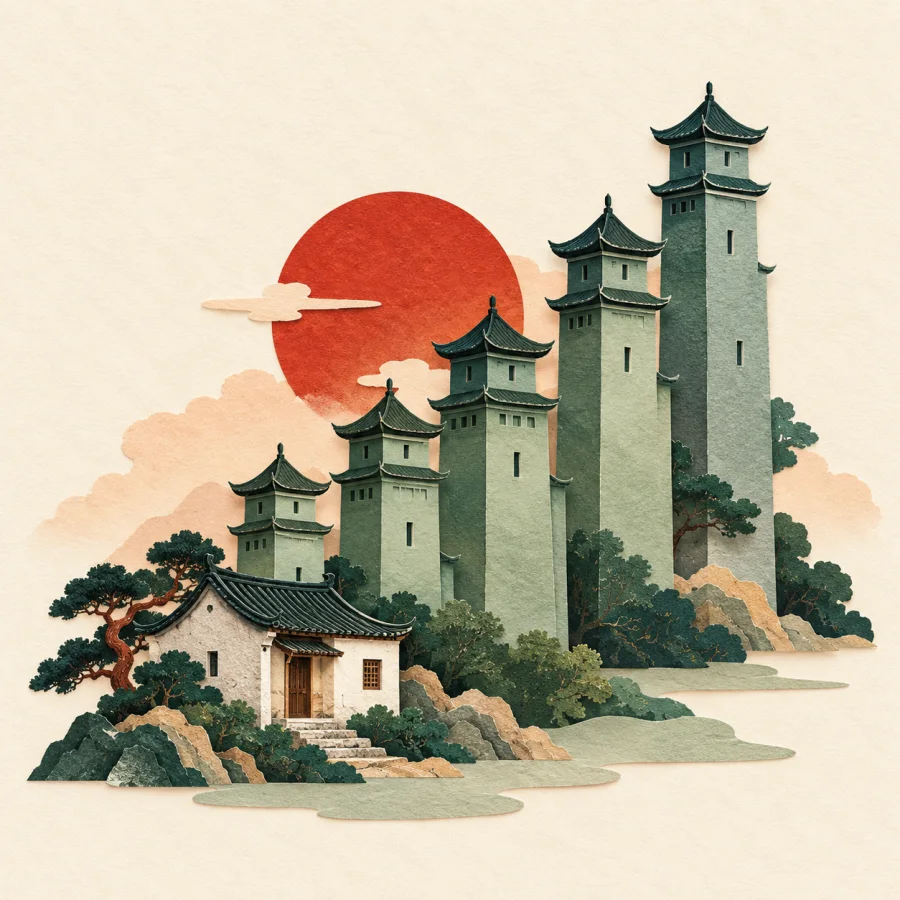 Green towers rise beside a small house at sunrise