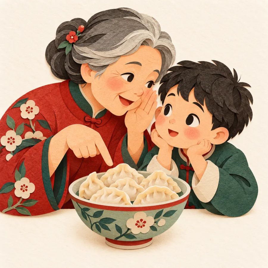 An older person whispers a secret to a child beside dumplings