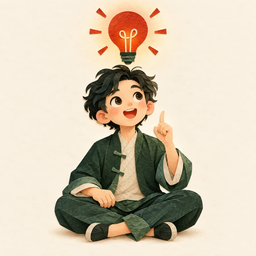A person sits cross-legged with a glowing light bulb overhead