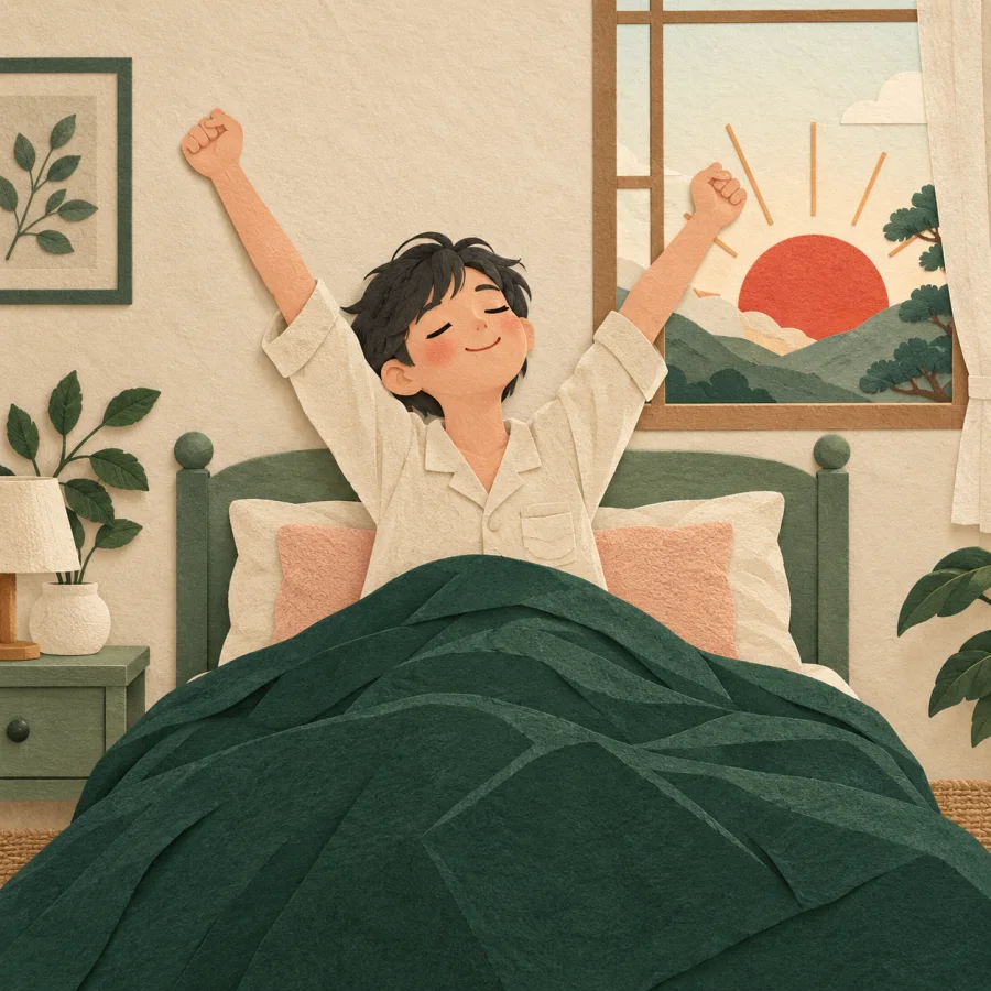 A person stretches in bed as the sun rises in the window