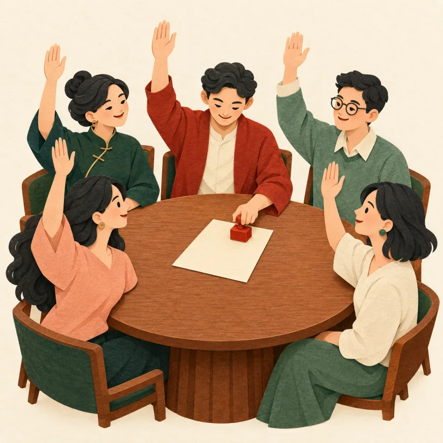 People around a table raise hands while one stamps a paper
