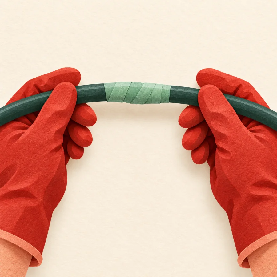 Gloved hands hold a cable wrapped in insulation