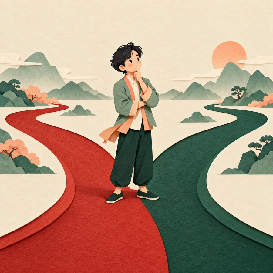 A person stands at a fork between a red and a green road