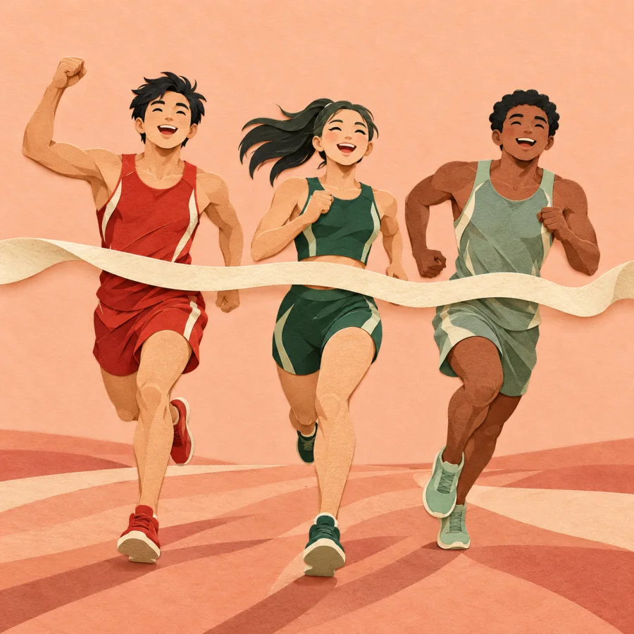 Three runners sprint neck and neck toward a finish ribbon