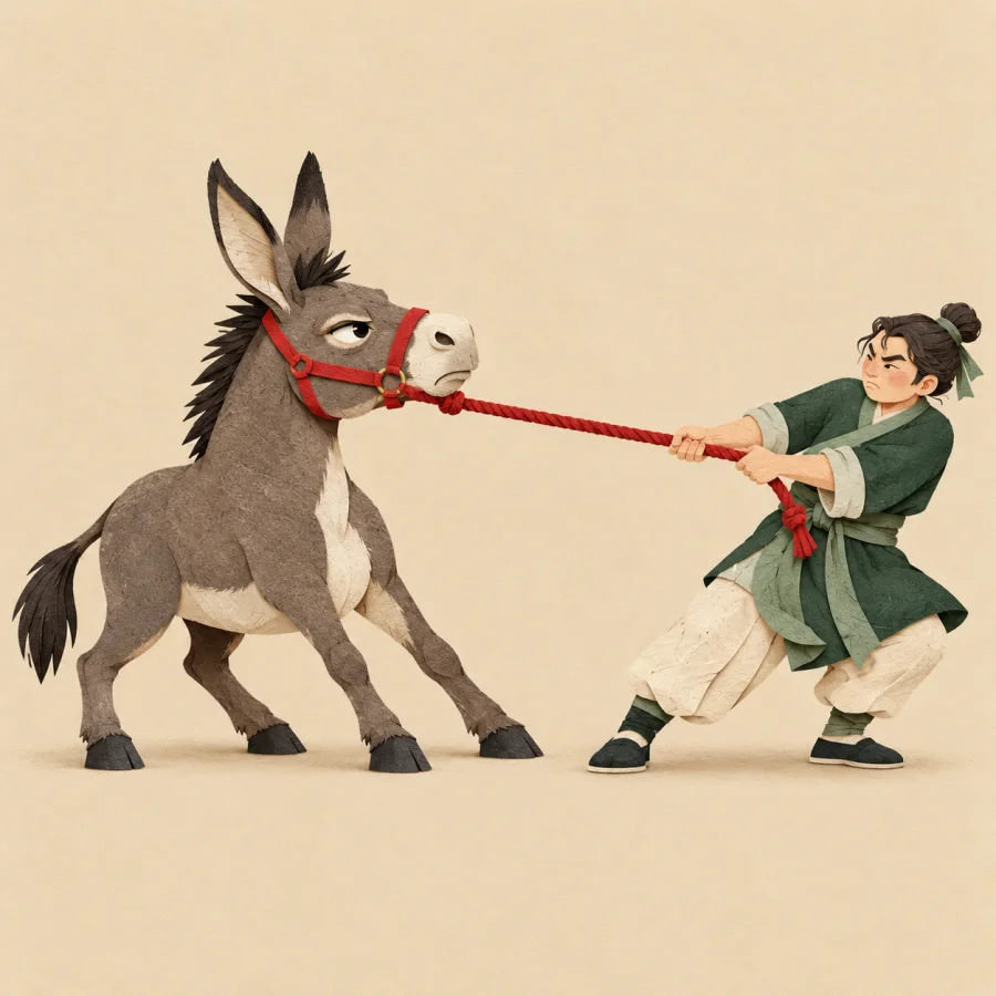 A donkey digs in its hooves while a person pulls its rope