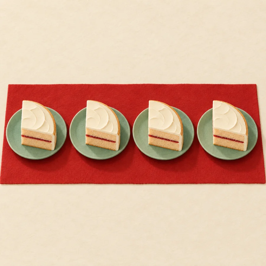 A round cake cut into four equal slices on four plates