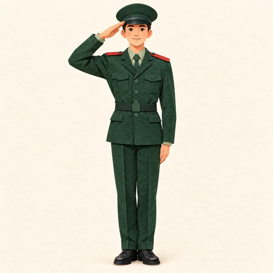 An officer in a green uniform stands tall and salutes