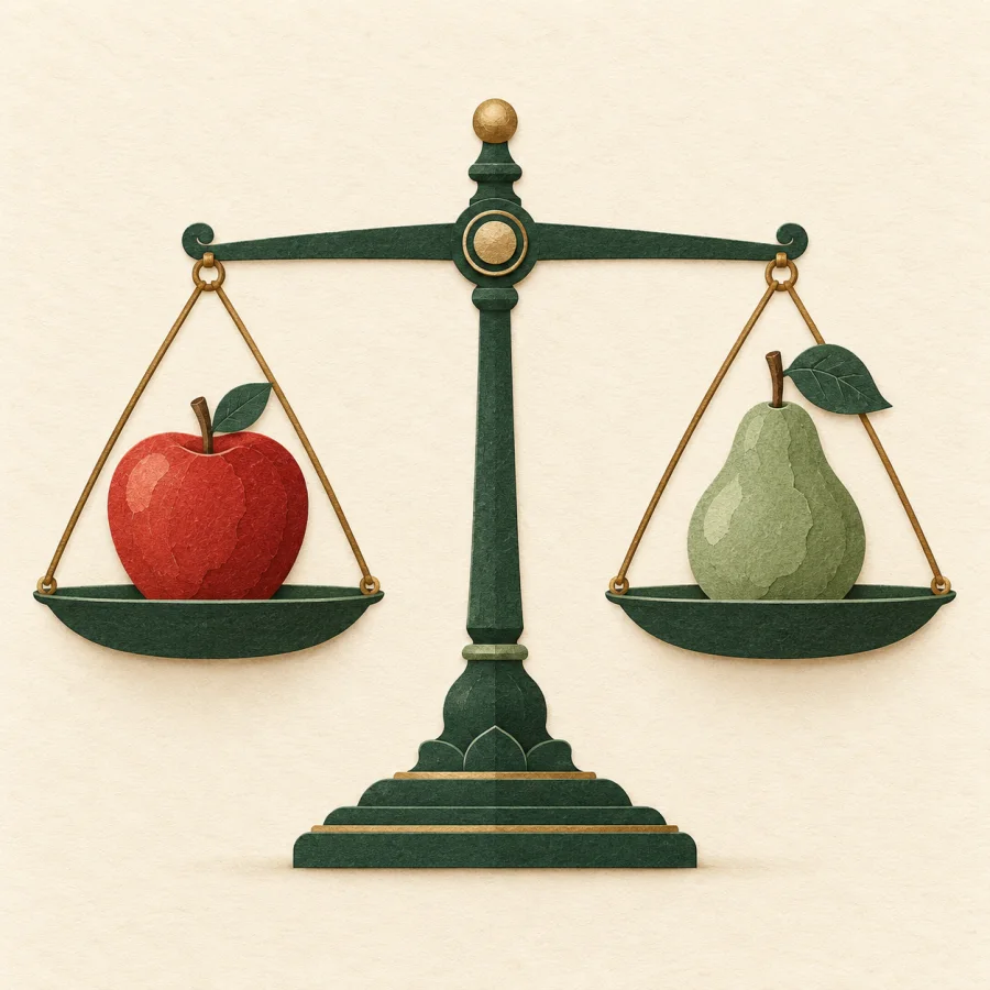 A balance scale holds a red apple and a green pear level